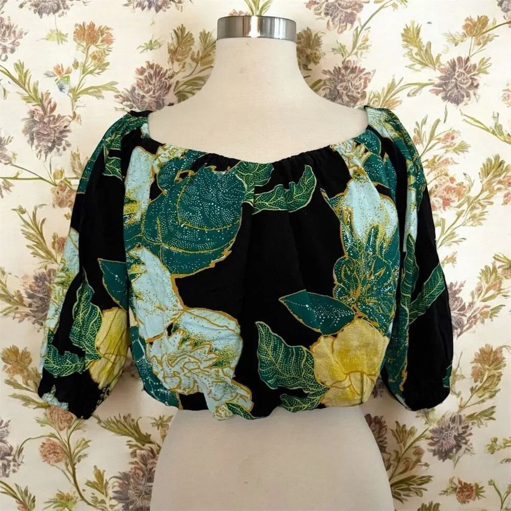 Free People Black Floral Peasant Blouse Top Sweetheart XS